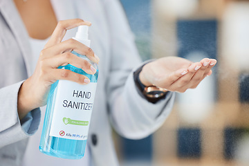 Image showing Hand sanitizer, hand and business woman, covid and health, hygiene and cleaning hands at office, disinfect and safety from virus. Covid 19 compliance, disinfection at work with worker and healthcare.