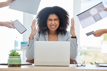 Image showing Stress, headache and black woman in a meeting, corporate chaos and tired from working in management. Business burnout, sad and manager crying, frustrated and angry with anxiety from career as a boss