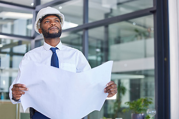 Image showing Black man, architect and blueprint in construction planning, thinking or contractor at the office. African American male engineer holding project plan for industrial building, layout and architecture