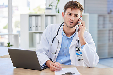 Image showing Phone call, laptop and medical with doctor writing in office for schedule, consulting and life insurance. Checklist, agenda and application with man and paperwork for healthcare, data and pharmacy