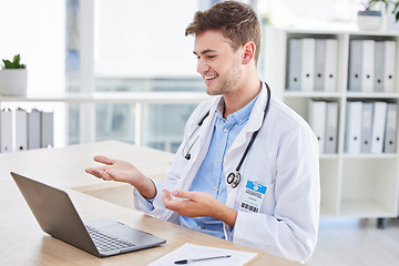 Image showing Laptop, consulting or doctor on a video call for an online meeting with an expert talking about surgery advice. Communication, virtual or happy healthcare worker speaking of medical goals or vision