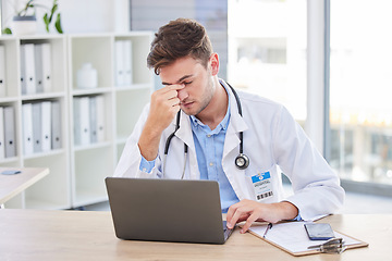 Image showing Headache, tired and stress of doctor from digital results, computer glitch and work risk. Burnout, working and consulting healthcare worker with anxiety from medical, health clinic and medic report