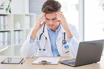 Image showing Man, doctor or stress headache and clipboard paper, test results or life insurance documents in hospital office. Anxiety, thinking or burnout for healthcare worker with laptop technology or research