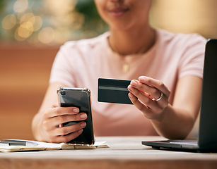 Image showing Finance, phone or hands with credit card for a payment after online shopping on ecommerce or fintech website. Money, digital or user online banking for speed or cash safety on internet or mobile app