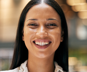 Image showing Portrait, happy and mindset with a black woman smiling while feeling cheerful, carefree or positive closeup. Face, smile and happiness with an attractive young female standing alone in jamaica