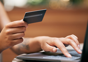 Image showing Hands, laptop and credit card with a woman online shopping for a retail sale or deal as a customer. Computer, finance and ecommerce with a female consumer making a payment via the internet