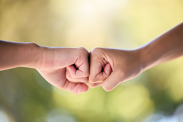 Image showing Fist bump, support and teamwork for collaboration, motivation or trust for project. Hands of friends, greeting and meeting for goal, success or celebrate for solidarity, partnership strategy or power