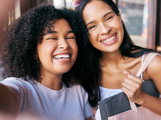 Image showing Friends, selfie and shopping date with black women, smile and happiness together with retail, sale and discount at shopping mall. Portrait, happy in photograph and freedom, customer and shop outdoor