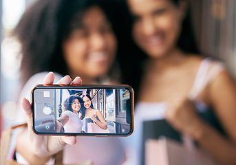 Image showing Selfie, friends and women with smartphone, screen and summer to relax, shopping bags and purchase clothes. Happy females, girls and closeup for phone, capture moment and city for boutique or discount