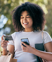 Image showing Phone, shopping or black woman with credit card for ecommerce sale, retail discount or fashion promotion in Colombia. Smile, finance or happy customer online banking for a digital payment on internet