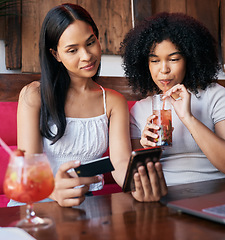 Image showing Woman, friends and phone with credit card drinking at restaurant, bar or cafe making online payment or transaction. Women chilling together having a drink in ecommerce or remote banking on smartphone