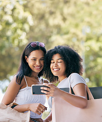 Image showing Friends, phone and selfie for retail shopping bonding moment together with smile for purchase choices. Black people, shopper and smartphone photograph of happy gen z women for social media.