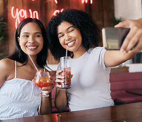 Image showing Cocktail, phone or friends taking a selfie for social media content creation on a holiday vacation in a restaurant. Smile, girls or happy women taking pictures with drinks as cool or fun influencers