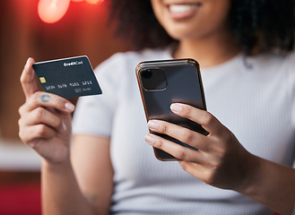 Image showing Woman hands, phone and credit card for ecommerce, online shopping and making payment on internet store or bills with fintech app. Female doing banking with secure smartphone network for savings