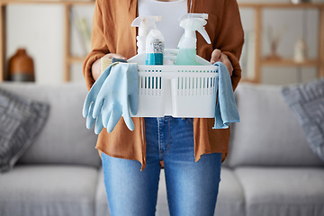 Image showing Zoom, woman hands with cleaning, product in basket for home maintenance, cleaning service or living room spring cleaning. Cleaner or maid with brush, liquid spray bottle or clean supplies in hand
