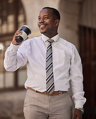 Image showing Black man on coffee break, thinking and corporate job, relax with accountant and view outdoor, professional and business. Businessman in finance, drinking takeaway coffee and happy smile.