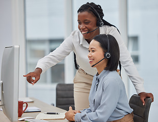 Image showing Call center, contact us and coaching with women and training, CRM and working with team leader and help. Computer, customer service agent or telemarketing job with mentor and happy, support and trust