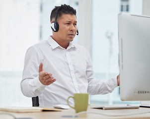 Image showing Faq, confused or man problem solving in a call center talking or helping client with challenge question. Contact us, frustrated or stressed salesman listening to solve failure crisis at customer care