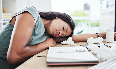 Image showing Woman, sick and sleeping on office desk in burnout suffering from stress, depression or mental health issues. Tired female employee with flu resting, dreaming or asleep on computer table at work
