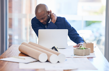 Image showing Black man, business and neck pain in office, stress and overworked with laptop, documents and tired. Young man, Jamaican entrepreneur and architect with shoulder strain, burnout or frustrated at desk