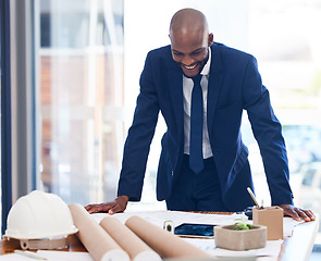 Image showing Architect, tablet and man in office, hard hat or smile for success, contract approved or planning. Young black male, entrepreneur or engineer on video call, blueprint or project for building or relax