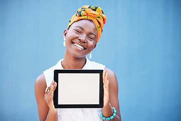 Image showing Fashion designer, digital tablet or mock up space on blue background in clothing branding, logo design or small business marketing. Portrait, happy smile or black woman on technology mockup