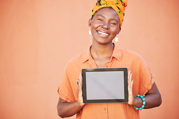 Image showing Tablet, portrait or black woman with mockup screen for branding, marketing or advertising space. Product placement, happy or African girl with promotion announcement, sales offer or discount deal