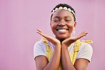 Image showing Mockup, black woman and cosmetics for wellness, skincare and smile on studio background. Makeup, Nigerian female and healthy girl with natural beauty, hippie or clear skin for face detox and headband