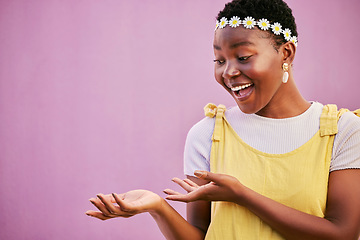 Image showing Product placement, marketing and black woman with wow hands, announcement and surprise on a pink mockup studio background. Deal, advertising and African girl with surprise at a logo or branding sale