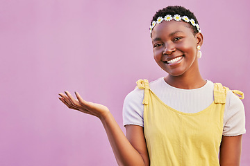 Image showing Mockup, black woman and cosmetics for skincare, marketing and wellness on studio background. Makeup, Nigerian female and healthy girl with brand advertising, smooth and clear skin for natural beauty.