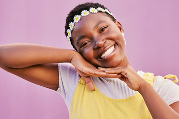 Image showing Black woman, happy with fashion and flower crown, spring and style with success and positive mindset with Gen z youth. Trendy, happiness and African girl portrait, smile and pink studio background.
