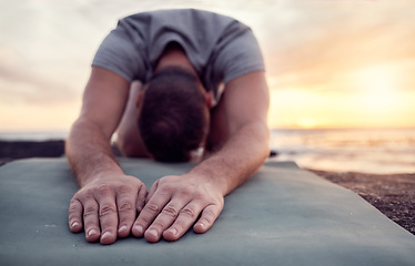 Image showing Man hands, meditation and yoga at the beach, peace and zen with spiritual healing and energy balance with exercise outdoor. Fitness, mindfulness and calm with wellness at sunrise, nature and prayer.