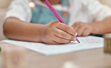 Image showing Child, drawing or hands writing on paper in kindergarten education for knowledge development at school desk. Kid, creative or young student with color pencil learning or working on sketching skills