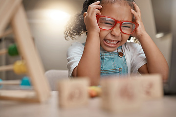 Image showing Student, frustrated and learning with education and headache, young child with anxiety, mental health and academic stress. Home school, e learning and study burnout with primary school learner.