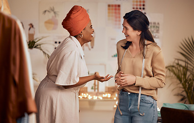 Image showing Designer, women or funny friends at work laughing at joke together while talking, bond or speaking of success. Diversity, partnership or happy female fashion designers in gossip conversation on break