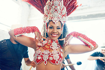 Image showing Festival, carnival and portrait of samba dancer dancing for performance, festive celebration or party in Brazil. Mardi gras event, culture and happy woman dance in costume at concert with music band.