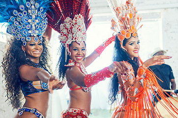 Image showing Carnival performance, women and mardi gras dancer portrait on new year dancing with a smile. Concert female group at a social celebration event with music and sexy show dance party and festival