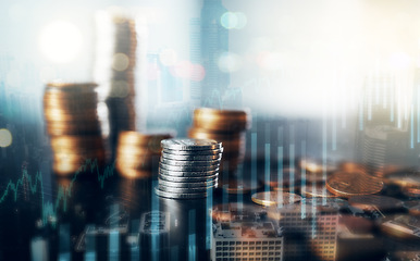 Image showing Finance, money and coins with chart overlay, accounting and budget in financial advisory business. Growth, investment and stock market trading for profit in digital market and economy inflation chart