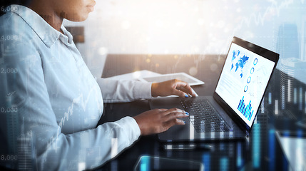 Image showing Business woman, laptop and infographic, finance market research and global financial statistics, lens flare overlay at desk with online map. Black woman, technology and digital chart, ppt and fintech