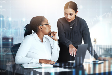 Image showing Business women, laptop with investment and overlay graphs, communication and collaboration, global financial statistics and trading. Fintech, discussion and ux with futuristic finance hologram and ui