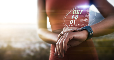 Image showing Smartwatch, fitness graphic and technology app with woman hands for sports data, progress or digital innovation outdoor. Athlete smart watch for metrics, numbers or speed health check in ux ui design