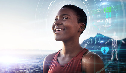 Image showing Black woman, fitness and exercise while outdoor with a smile after running with a digital hologram, overlay or double exposure cardiovascular health. Athlete with futuristic ai technology on a run