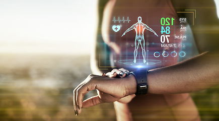 Image showing Fitness hands, smart watch or future data on healthcare workout, body training or exercise heart rate in sunset nature. Runner zoom, sports or black woman on time technology, 3d scan or abstract app