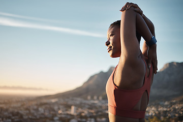 Image showing Black woman, fitness or stretching arms in nature workout, training or sunset exercise in muscle pain relief, tension release or healthcare wellness. Runner, sports athlete or body warm up at sunrise