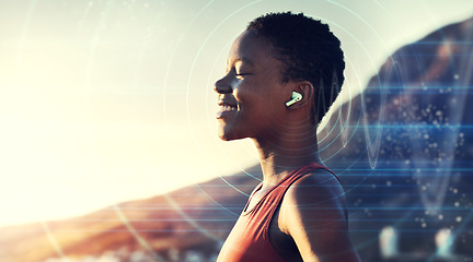 Image showing Black woman, outdoor and listening to music in nature with overlay or double exposure of future audio in nature for peace, freedom and peace. Face of female with earphones while streaming sound