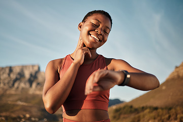 Image showing Heart rate, smartwatch and mountain with black woman running for fitness tracker, cardio and monitor goals. Time, sports and workout tracker with girl runner checking wearable technology for progress
