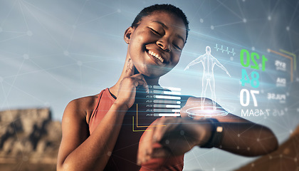 Image showing Black woman, fitness or futuristic smart watch in pulse check, heart rate or healthcare management, sunset workout or training exercise. Happy smile, sports runner or timer tech 3d of body biometrics