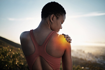 Image showing Fitness injury, black woman and exercise outdoor with shoulder pain overlay, glow and city view. Athlete, wellness and workout accident, muscle ache and inflammation with health and runner in Kenya.