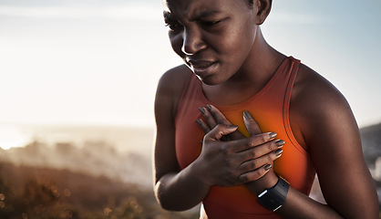 Image showing Heart pain, fitness and black woman with an injury from cardio, running and nature workout in Germany. Asthma, health and African runner with heart attack risk during training on the mountain