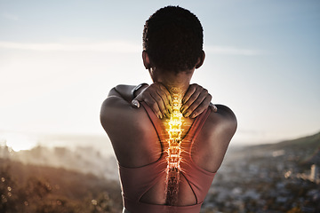 Image showing Exercise, back pain and spine problem of black woman outdoor for fitness workout and running with hands on shoulder overlay and double exposure. Burnout of female athlete with skeleton light injury